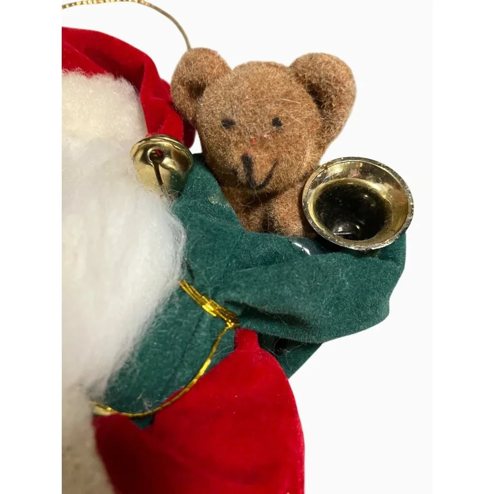 Santa Claus Doll Vintage Ornament With Teddy Bear & Bell